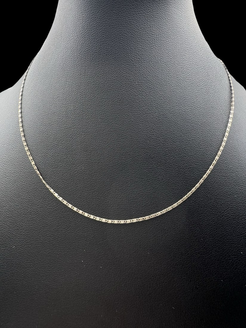 Vintage Sterling Silver Chain Necklace: Very good vintage condition with minor patina according to age. Measures approx. 16" long and 1/16" wide & weighs ca. 1.8 grams. Marked for Sterling Silver. SHIPPING: We ship in-house and charge a fla