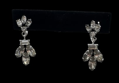 Vintage PHYLLIS Sterling Silver & Clear Rhinestone Screw-Back Dangle Earrings