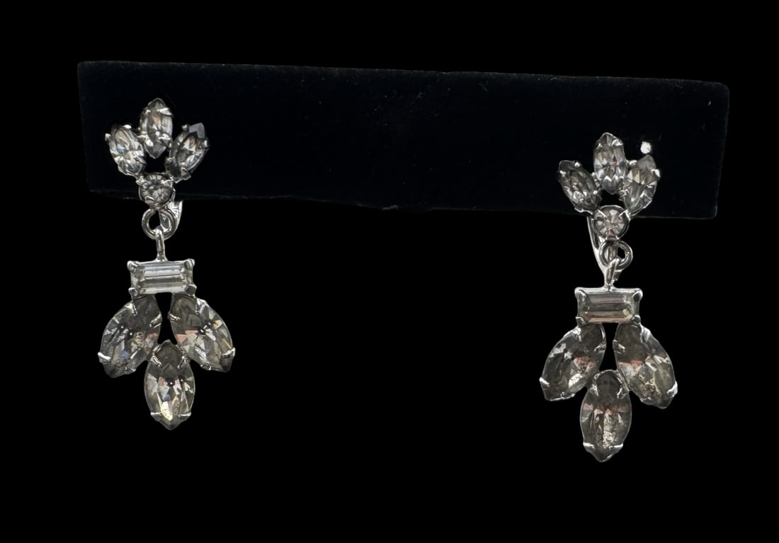 Vintage PHYLLIS Sterling Silver & Clear Rhinestone Screw-Back Dangle Earrings (1 of 4)