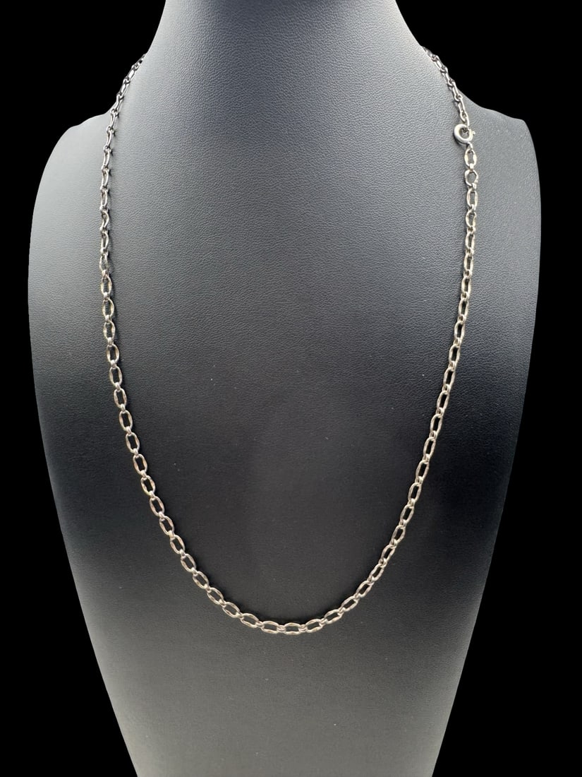 Vintage European 835 Silver Chain Necklace: Very good vintage condition with minor patina according to age. Measures approx. 23" long and 1/8" wide & weighs ca. 8.3 grams. Marked for 835 Silver. SHIPPING: We ship in-house and charge a flat fee 