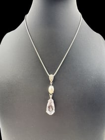 Unusual Vintage SWAROVSKI Sterling Silver Necklace & Pearl / Clear Crystal Pendant