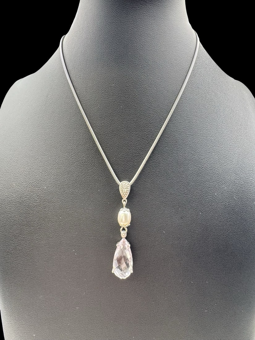 Unusual Vintage SWAROVSKI Sterling Silver Necklace & Pearl / Clear Crystal Pendant (1 of 6)