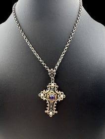Beautiful Vintage European Three-Tone 835 Silver Necklace /w Pearl & Purple Gemstone Cross Pendant