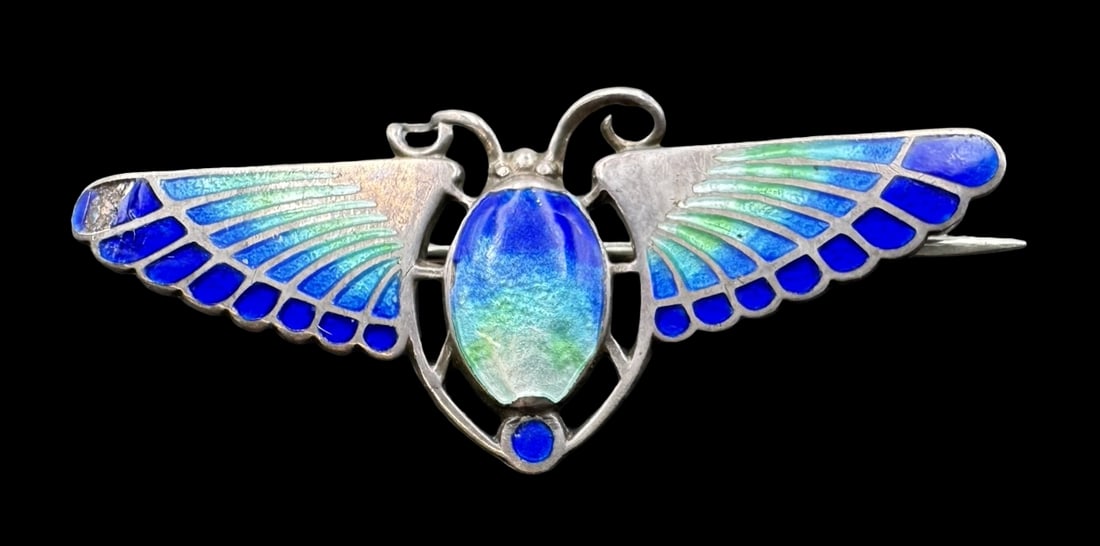Rare Antique Egyptian Revival Sterling Silver & Colorful Enamel Winged Scarab Pin Brooch