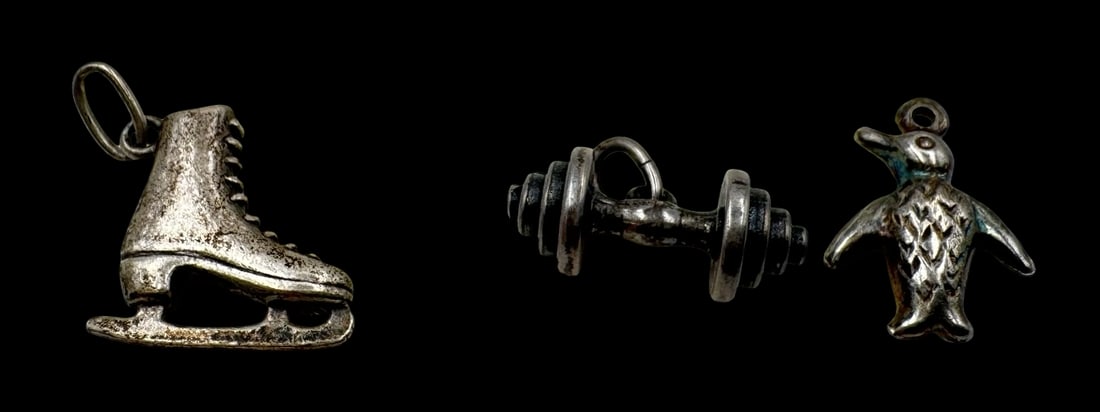 Charming Vintage Set of 3 Sterling Silver Pendant Charms: Dumbbell, Penguin, Ice Skating Boot (1 of 5)