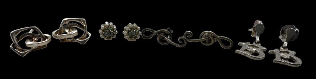 Charming Vintage Set of 4 Sterling Silver Earrings: Very good vintage condition with minor patina according to age. The largest piece measures approx. 3/4" long x 1/2" wide and they jointly weigh ca. 7.5 grams. Marked for silver. SHIPPING: We ship in-h