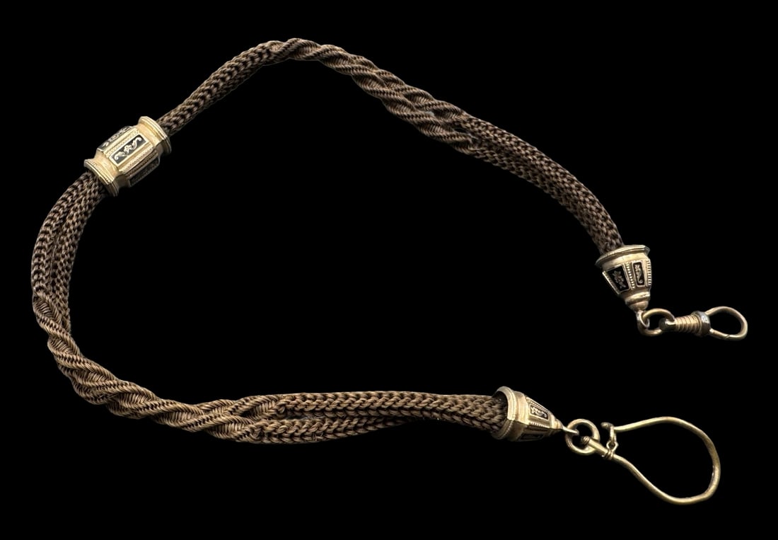 Antique Gold-Tone Metal, Black Enamel & Hairwork Mourning Jewelry Pocket Watch Chain (1 of 5)
