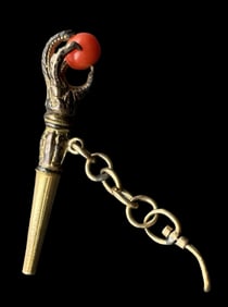 Rare Antique Gold Plated Metal & Red Coral Pocket Watch Key /w Bird Claw Design