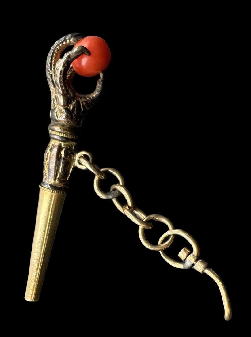 Rare Antique Gold Plated Metal & Red Coral Pocket Watch Key /w Bird Claw Design (1 of 3)