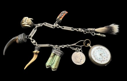 Antique European Alpine Silver & Hunting Trophy Pocket Watch Chain /w 800 Silver Pocket Watch
