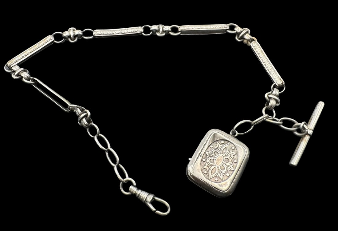 Antique Sterling Silver Pocket Watch Chain & Locket Pendant Fob (1 of 3)
