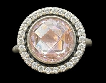 Vintage ALE PANDORA Sterling Silver /w Clear & Pink Gemstone Ring