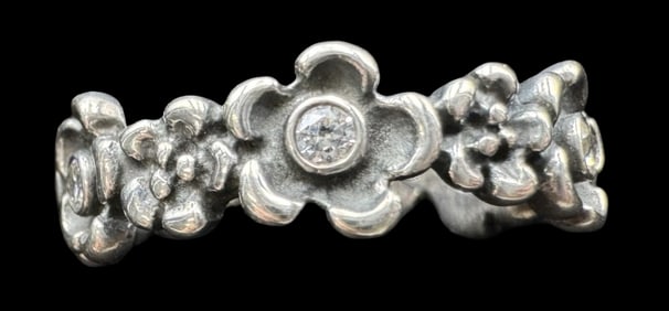 Ornate Vintage ALE PANDORA Sterling Silver & Clear Gemstone Ring