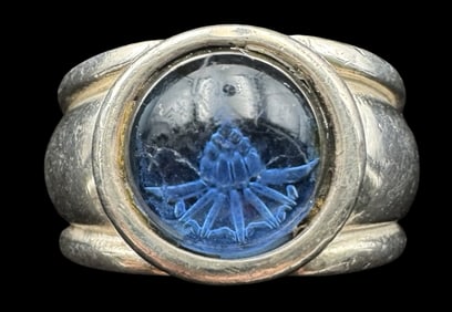 Very Unusual Vintage Sterling Silver & Blue Gemstone Ring /w Hand Carved Intaglio