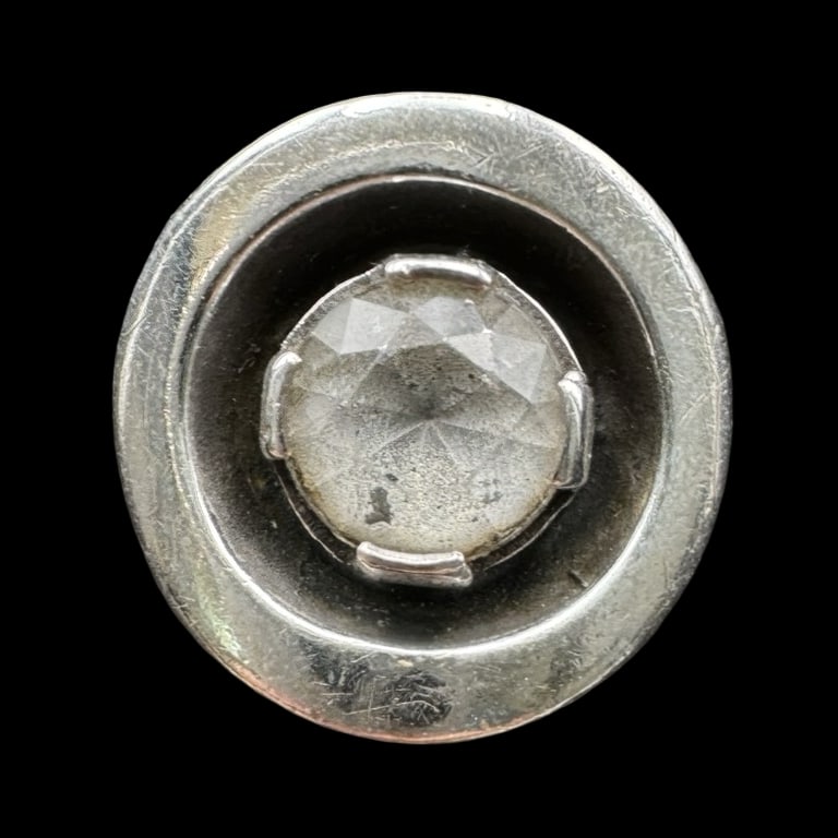 Stylish Vintage Mid-Century Modern Finnish Sterling Silver & Rock Crystal Designer Ring: Very good vintage condition with minor patina according to age. Measures approx. 5/8" wide & weighs ca. 5.4 grams. The ring is a size 6 1/2. Marked for Sterling Silver. Made in Finland. SHIPPING: We s