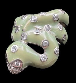 Very Unusual Vintage Sterling Silver, Green Enamel & Clear Gemstone Snake Ring
