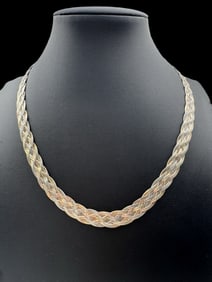 Vintage Italian Sterling Silver Braided Herringbone Designer Necklace
