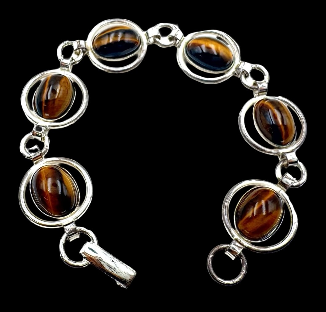 Vintage Mid-Century Modern Sterling Silver & Tiger's Eye Bracelet (1 of 4)