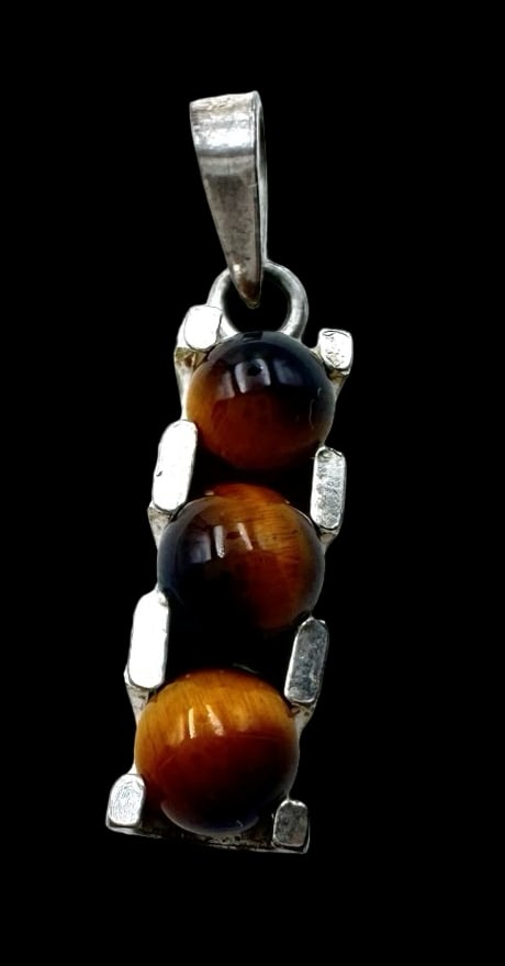 Vintage Mid-Century Modern German European 835 Silver & Tiger's Eye Pendant: Very good vintage condition with minor patina according to age. Measures approx. 1" long x 1/4" wide and weighs ca. 2 grams. Marked for 835 (83.5%) silver. SHIPPING: We ship in-house and charge a flat