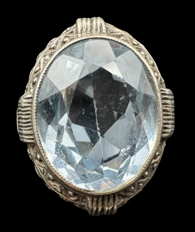 Ornate Vintage Art Deco European 800 Silver & Blue Gemstone Ring: Very good vintage condition with minor patina according to age. Measures approx. 3/4" long and 1/2" wide & weighs ca. 5.4 grams. The ring is a size 7 1/2. Marked for 800 Silver. SHIPPING: We ship in-h