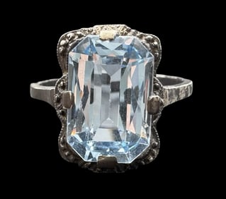Ornate Vintage Art Deco European 800 Silver & Blue Gemstone Ring