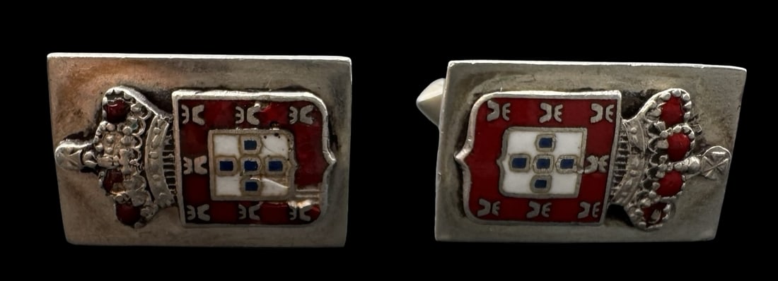 Vintage European 835 Silver & Enamel Portuguese Coat of Arms Cufflinks: Very good vintage condition with minor patina according to age. Each measures approx. 3/4" long and 1/2" wide & they jointly weigh ca. 17.1 grams. Made in Portugal. SHIPPING: We ship in-house and char
