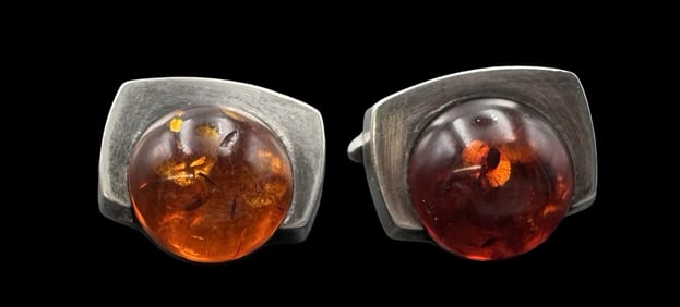 Vintage European 835 Silver & Amber Cufflinks