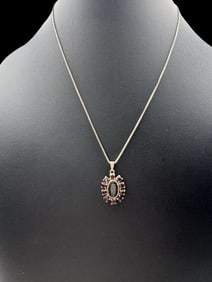 Vintage European 835 Silver Chain Necklace & Red Gemstone Pendant