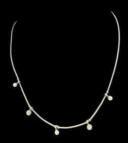 Vintage Sterling Silver Chain Necklace / Clear Gemstone & Pearl Pendant Charms