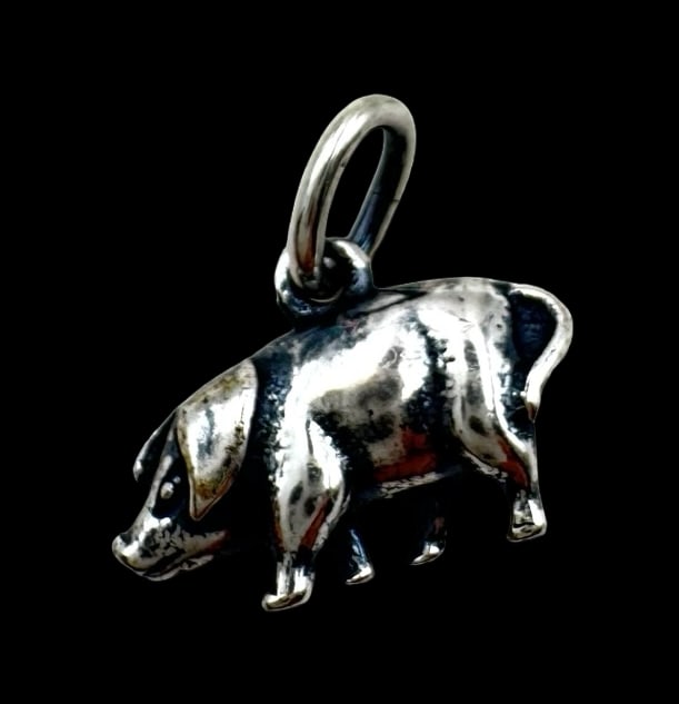 Vintage Sterling Silver Pig Pendant Charm: Very good vintage condition with minor patina according to age. Measures approx. 1/2" long x 5/8" wide and weighs ca. 1.9 grams. Marked for Sterling Silver. SHIPPING: We ship in-house and charge a fla