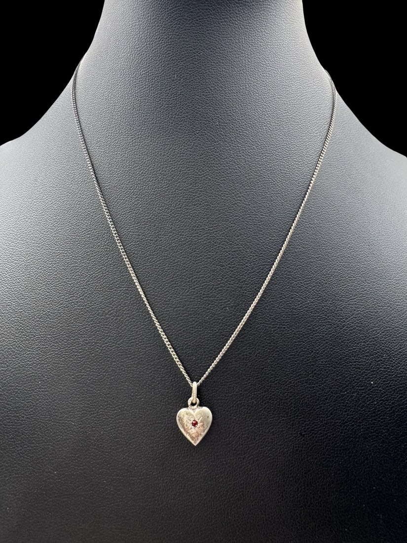 Antique Sterling Silver Necklace & Heart Pendant /wRed Gemstone (1 of 5)