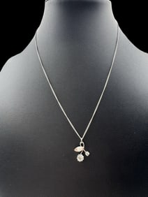 Vintage Mid-Century Sterling Silver Chain Necklace /w Flower Shaped Rhinestone Pendant