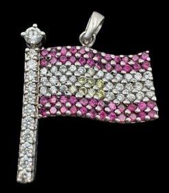 Vintage Sterling Silver & Pink, Yellow & Clear Rhinestone Cluster Flag Pendant