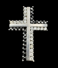 Vintage Sterling Silver & Black & Clear Rhinestone Cluster Cross Pendant
