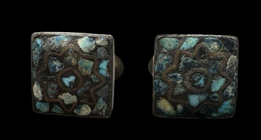 Vintage Brass & Inlaid Turquoise Screw-Lock Earrings