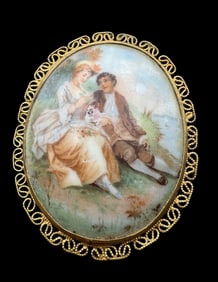 Ornate Antique Gold Metal Filigree & Painted Porcelain Plaque Brooch