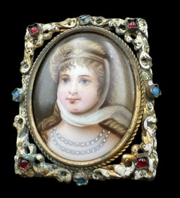 Ornate Antique 1850s European Hand Painted Portrait Porcelain Plaque Brooch & Multi-Color Gemstones