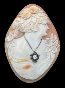 Large Antique Hand Carved "Habille" Shell Cameo /w Silver & Diamond Necklace