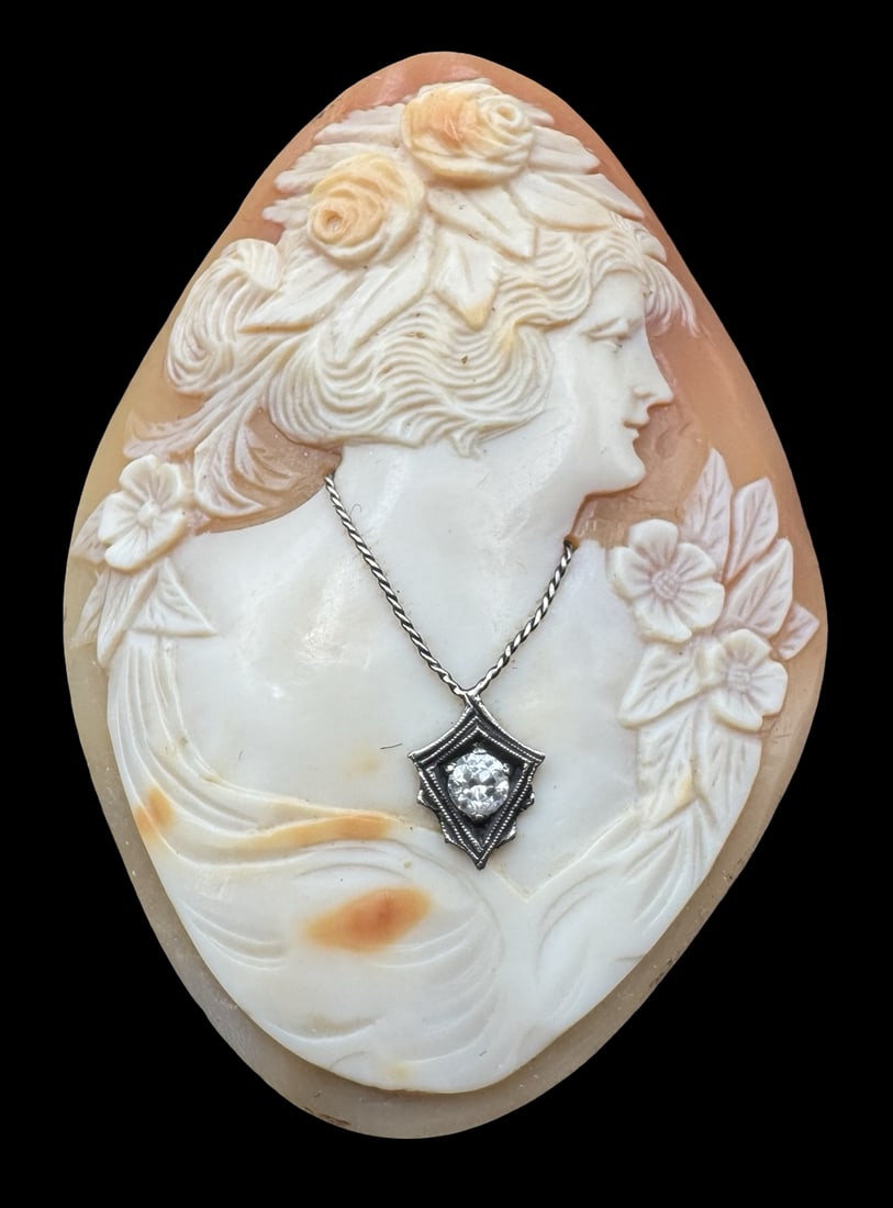 Large Antique Hand Carved "Habille" Shell Cameo /w Silver & Diamond Necklace (1 of 2)