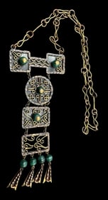 Ornate Vintage Mid-Century Modern Mexican Brass & Green Gemstone Pendant Necklace