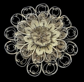 Large Ornate Vintage Gilt Sterling Silver Flower Filigree Flower Brooch