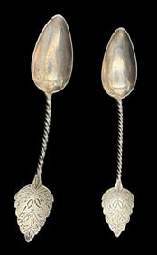 Pair of Ornate Antique Dutch 800 Silver Spoons /w Twisted Stems
