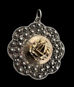Ornate Vintage 14K Yellow Gold & 950 Silver Filigree Pendant
