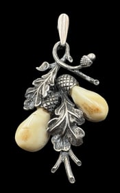 Ornate Vintage Alpine European 835 Silver & Genuine Deer Teeth Hunting Jewelry Pendant