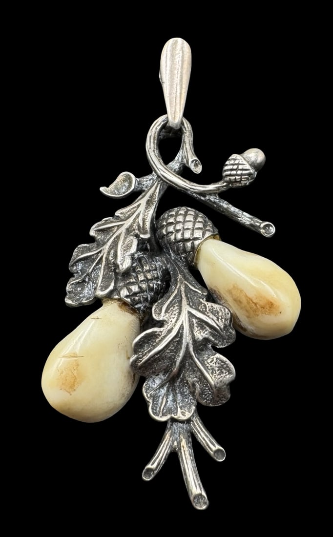Ornate Vintage Alpine European 835 Silver & Genuine Deer Teeth Hunting Jewelry Pendant: Very good vintage condition with minor patina according to age. Measures approx. 2 " long & 7/8" wide & weighs ca. 5.4 grams. Marked for 835 Silver. SHIPPING: We ship in-house and charge a flat fee of