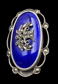 Ornate Antique ca. 1870 European Sterling Silver, Blue Enamel & Macarsite Brooch