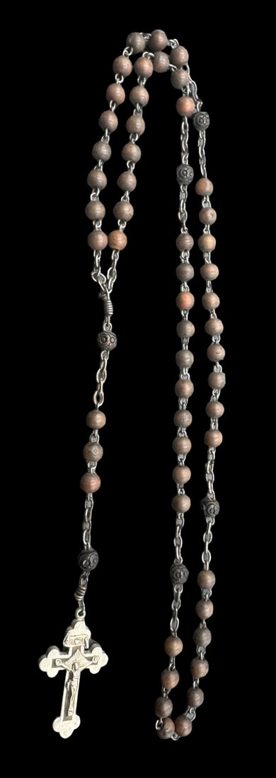 Vintage European Wood Bead Rosary /w Metal Crucifix: Very good vintage condition with minor patina according to age. Measures approx. 19 1/2" long and 1" wide. SHIPPING: We ship in-house and charge a flat fee of $12 for any order of 5 small items (rings