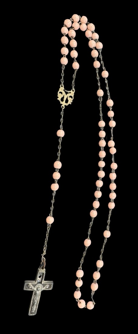 Vintage European Pink Beads Rosary /w Metal Crucifix: Very good vintage condition with minor patina according to age. Measures approx. 17 " long and 3/4" wide. SHIPPING: We ship in-house and charge a flat fee of $12 for any order of 5 small items (rings,