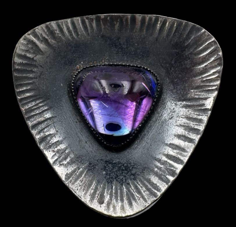 Stunning Vintage Mid-Century Modern Sterling Silver & Amethyst Brooch: Very good vintage condition with minor patina according to age. Measures approx. 1 1/2" high x 3/4" wide and weighs ca. 8.6 grams. Tested for Sterling Silver. SHIPPING: We ship in-house and charge a f