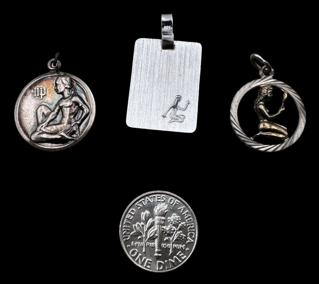 Lot of 3 Vintage Sterling Silver Zodiac Sign Pendant Charms - Virgo: Very good vintage condition with minor patina according to age. The largest measures approx. 1" long x 5/8" wide and they jointly weigh ca. 9.1 grams. Marked for Sterling Silver. SHIPPING: We ship in-